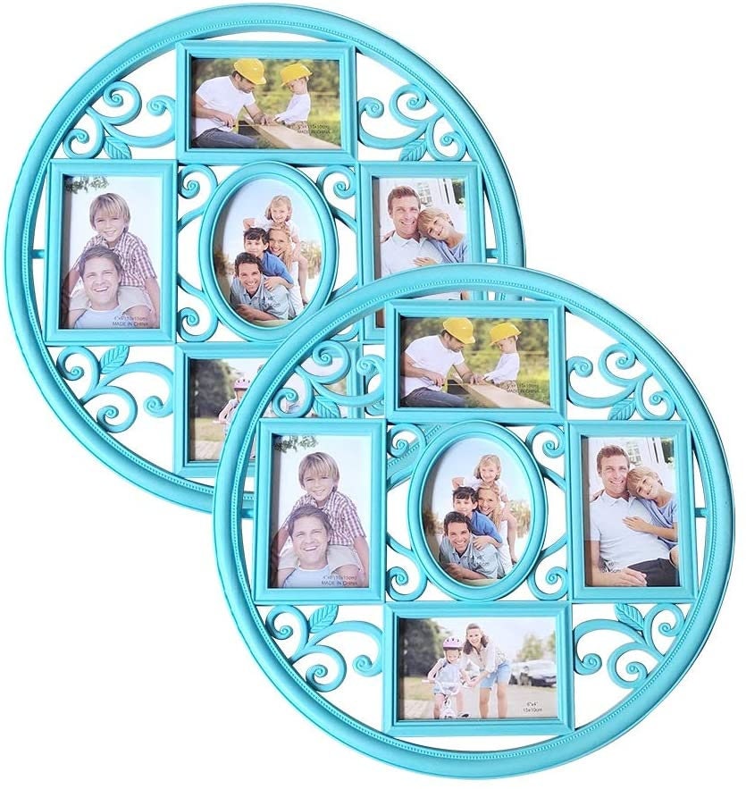 MKUN 4x6 Wall Collage Picture Frames - Round Circular Wall hanging Picture  Photo Collage Frame with leaf decoration, 9- Opening (White)
