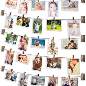 Wood Picture Photo Frames Hanging Photo Display Collage Large Rustic Pictures Wood Frames with 30 Wood Clips Wall Art Decoration