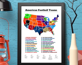 NFL Teams Map Art Print: Colorful American Football Poster, Size A4 or A3