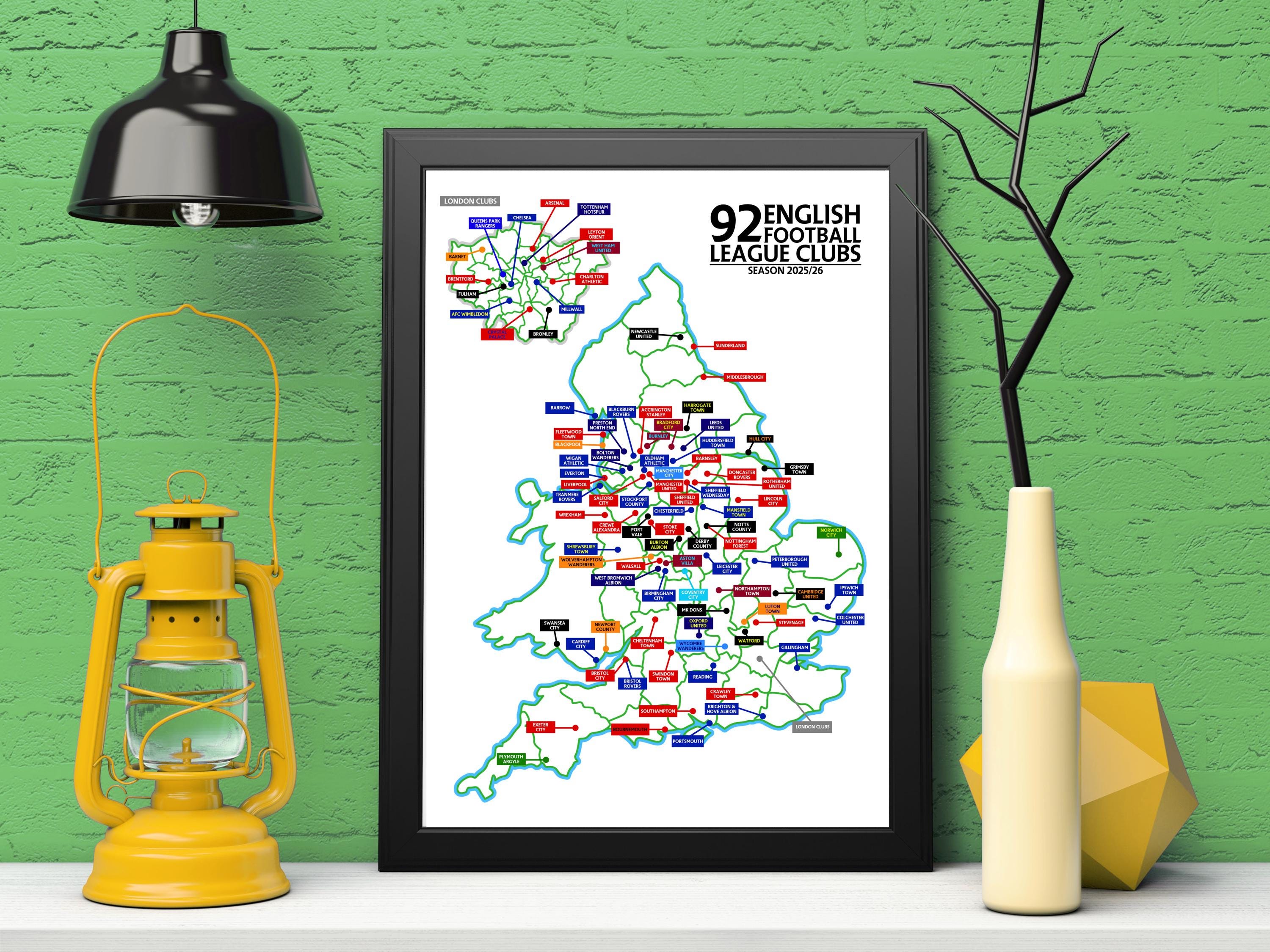 English Football League Teams Map Art Print A4 or A3: 2025/26 New