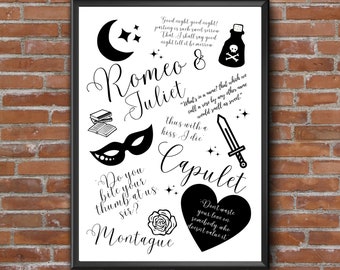May include: Black and white printable wall art featuring quotes and illustrations from Shakespeare's Romeo and Juliet. The art includes a crescent moon, stars, a poison vial, a mask, a sword, a book, a rose, and a heart. The text includes quotes from the play, such as "What's in a name? that which we call a rose by any other word..." and "Don't waste your love on somebody who doesn't value it."