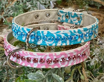 Lot of 2 Pink and Blue floral 7 to 8.5 inch neck #10 Rhinestone Bling Dog Collar set, XX-Small dog or puppy. Made in USA super cute pair