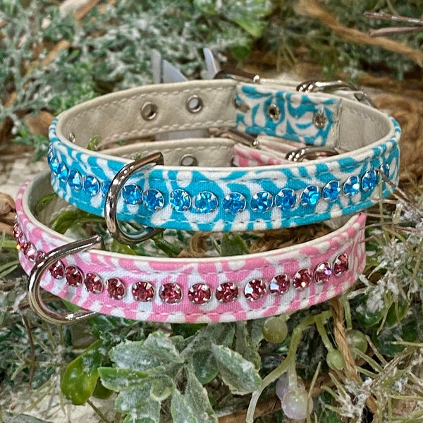 Lot of 2 Pink and Blue floral 7 to 8.5 inch neck #10 Rhinestone Bling Dog Collar set, XX-Small dog or puppy. Made in USA super cute pair