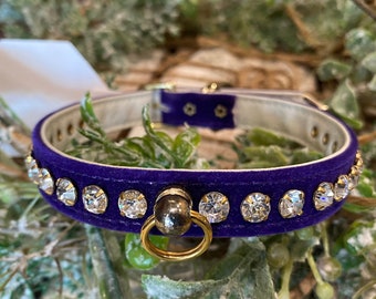 9 to 10.5 inch neck, #12 Purple Velvet Bling Dog Collar, X-Small dog or puppy. Royal Purple Made in USA. Rhinestone Single row Fancy