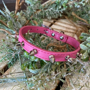 8 to 10 inch neck, #12 Pink Spike Dog Collar X-Small dog or small puppy. Single row Silver Spiked on Pink with sliver buckles Fancy