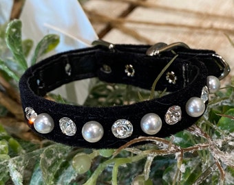 5 to 6.5 inch neck #8 Black Velvet Bling Dog Collar, XXX-Small dog or puppy. Made in USA. Rhinestone & Pearls, Fancy Tiny