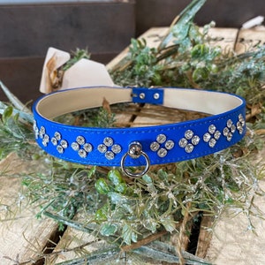 20 to 22 inch neck, #24 Blue Bling Dog Collar, for X-Large dog or puppy. Made in USA. Silver Rhinestone on Blue Leather Fancy