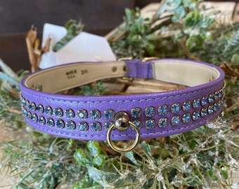 16 to 18 inch neck, #20 Purple Bling Dog Collar, for X-Large dog or puppy. Made in USA. Blue Rhinestone on Purple Leather Fancy