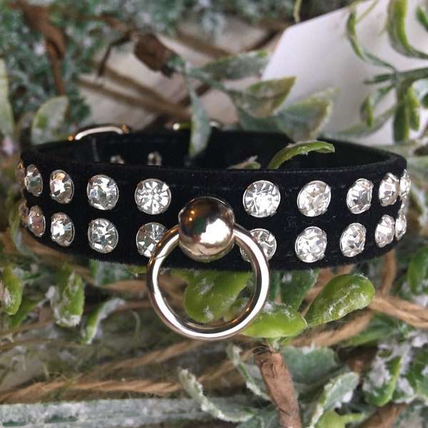 9 to 10.5 inch neck, #12 Black Bling Dog Collar, for X-small dog or puppy. Velvet & Leather. Made in USA. Rhinestone Double row Black Fancy