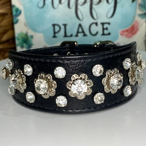 8 to 10 inch neck #12 PREMIUM Bling Dog Collar for X-Small XS dog or puppy.  Made in USA. Black Triple row Rhinestone Fancy Wide Band Tiny