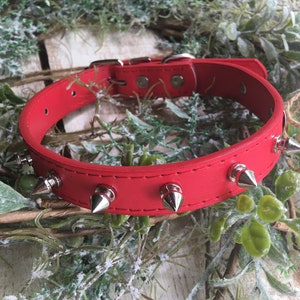 11.5 to 15.5 inch neck, Red Spike Dog Collar, Medium dog or large puppy. Single row Silver Spikes on Red with sliver buckles