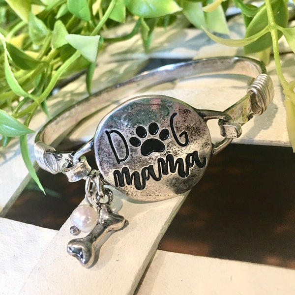 Silver Dog Paw Dog Mama Bracelet Dog mom Pet Jewelry Easy clip closure Dog Bone and Pearl jewel charm Dog Girl Woman Gift CUTE! Gift for Mom