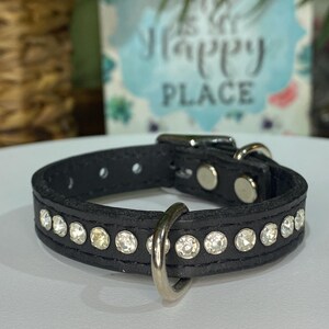 May include: A black leather pet collar with a row of clear, sparkling rhinestones. The collar has a silver-colored metal buckle and a D-ring for leash attachment. The background includes a sign that says "My Happy Place."