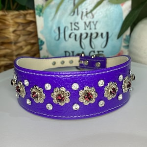 12 to 14 inch neck #16 PREMIUM Bling Dog Collar for Medium dog or puppy.  Made in USA. Purple Triple row Rhinestone Fancy Wide Band