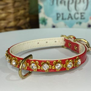 7 to 8.5 inch neck #10 Bling Dog Collar for XX-small dog or puppy Made in USA. Rhinestone Red single row Rhinestone Gold edging Tiny Petite