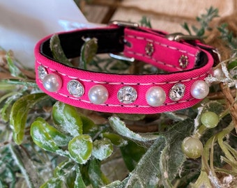 5 to 6.5 inch neck #8 Pink Bling Dog Collar XXX-Small dog or puppy. Made in USA Leather. Rhinestone & Pearls, Cute Tiny Fancy fabric