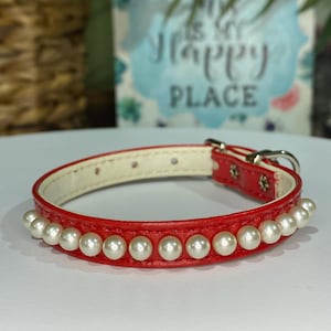 May include: A red pet collar with a row of white faux pearls. The collar has a silver-colored buckle and a small metal loop for attaching a leash. The inside of the collar is cream-colored.