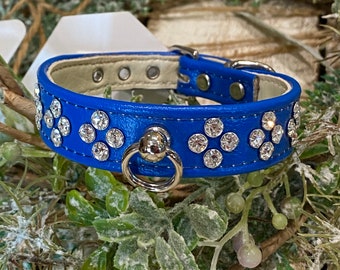 8 to 10 inch neck, #12 Blue Bling Dog Collar, for X-Small dog or puppy. Leather, Blue Diamond Rhinestone. Made in USA. Rhinestone Fancy
