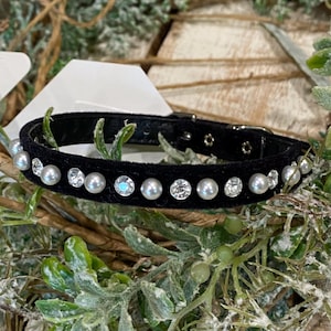 9 to 10.5 inch neck #12 Black Velvet Bling Dog Collar, X-Small dog or puppy. Made in USA. Rhinestone & Pearls, Fancy
