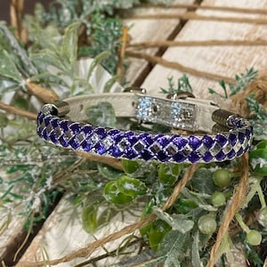 13 to 14.5 inch neck, #16 Bling Dog Collar, for Medium dog or puppy.  Made in USA. Purple & Silver Metallic braided fancy single row