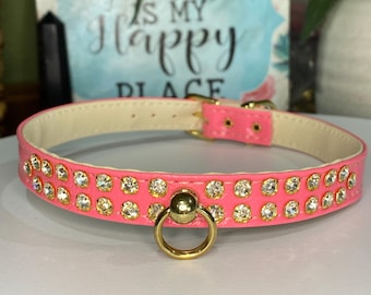 13 to 14.5 inch neck, #16 Pink Bling Dog Collar, for Medium dog or puppy.  Pink Made in USA. Rhinestone double row, Beautiful Pink Fancy