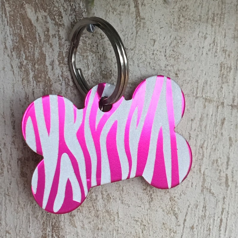 Pink Zebra Bling personalized Engraved Dog or Cat Tag. Pet ID Tags. pink Zebra Striped Bone, Animal Print image 1