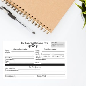 Dog Grooming Customer Form 20cm x 12cm - Instant Download