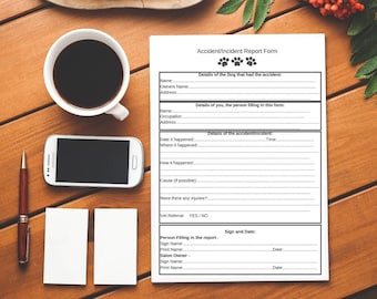 Op de afbeelding: Een zwart-wit printbaar formulier met de titel "Accident/Incident Report Form" met poot afdrukken bovenaan. Het formulier bevat secties voor details van de hond, de persoon die het formulier invult en het ongeval/incident.