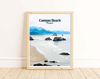 May include: A framed photograph of Cannon Beach, Oregon. The photo shows a sandy beach with a rocky outcropping in the distance. The water is a light blue and the sky is a hazy blue. The text "Cannon Beach, Oregon" is printed in black at the top of the photo.