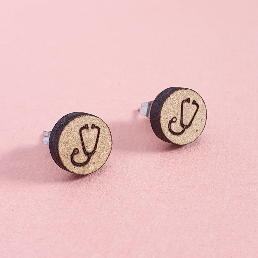 Stethoscope Earrings, Laser Engraved Stud Wooden Earrings, Wood