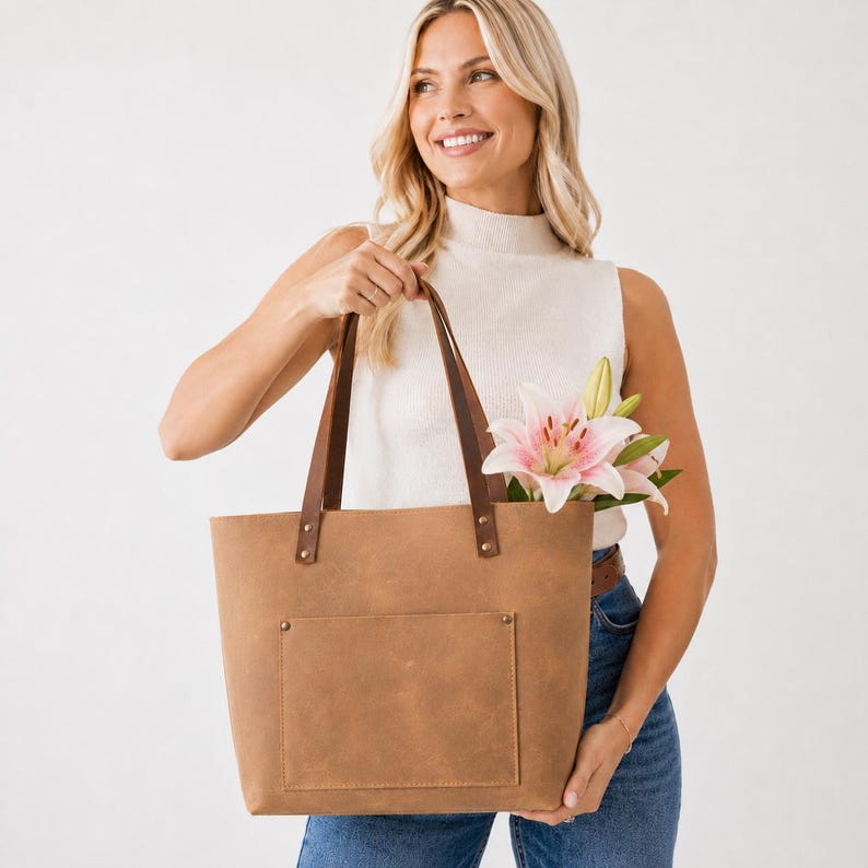 Personalized Distressed Leather Tote Bag – Women’s Leather Shoulder Bag, Laptop Tote with Pockets, Gift for Her image 1