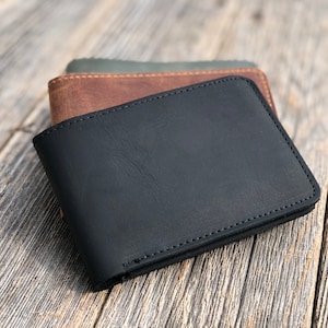 Handmade Classic Bifold Wallet. This Mens leather wallet made of full grain disrespect leather and it is available in black, tan, green, gray, burgundy and brown. Can be personalized with name, initials and custom message inside.