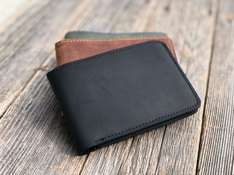 Handmade Classic Bifold Wallet. This Mens leather wallet made of full grain disrespect leather and it is available in black, tan, green, gray, burgundy and brown. Can be personalized with name, initials and custom message inside.