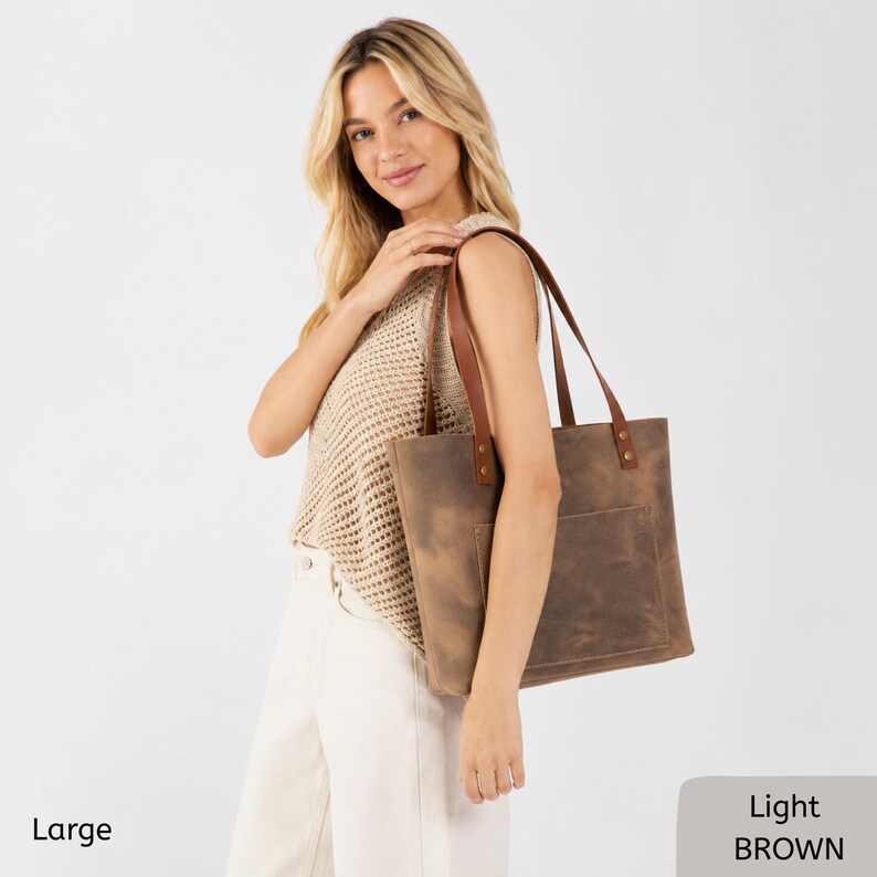 Personalized Distressed Leather Tote Bag – Women’s Leather Shoulder Bag, Laptop Tote with Pockets, Gift for Her image 5
