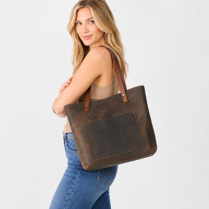 Personalized Distressed Leather Tote Bag – Women’s Leather Shoulder Bag, Laptop Tote with Pockets, Gift for Her image 6