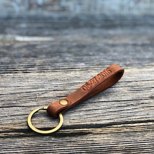 Personalized slim leather keychain, key fob, custom keychain, leather initial keychain, quick shipping anniversary gift Tan