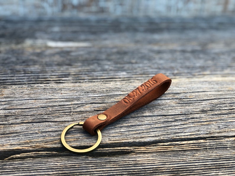 Personalized slim leather keychain, key fob, custom keychain, leather initial keychain, quick shipping anniversary gift Tan