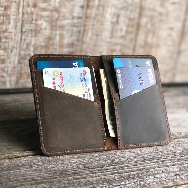 Personalized Leather Wallet, Minimalist Wallet, Leather Bifold Wallet, Distressed Leather Slim Bifold Wallet, Fathers Day Gift