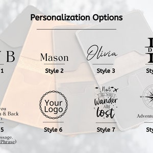 May include: Eight different styles of personalization options for a leather passport holder. The styles include initials, names, a compass, a logo, and a quote.  The text reads "Personalization Options".