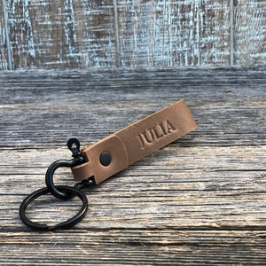 Handmade leather keychain, Black Hardware, personalized key fob, leather initial keychain, Made in USA, quick shipping wedding gift Light Brown