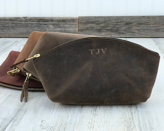 Leather Makeup Bag, Personalized Bridesmaid gift, Gift for Her, Leather Cosmetic Pouch, Cosmetics Bag, monogram toiletry bag