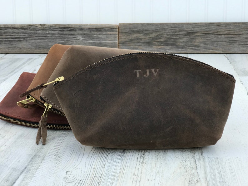 Leather Makeup Bag, Personalized Bridesmaid gift, Gift for Her, Leather Cosmetic Pouch, Cosmetics Bag, monogram toiletry bag image 1