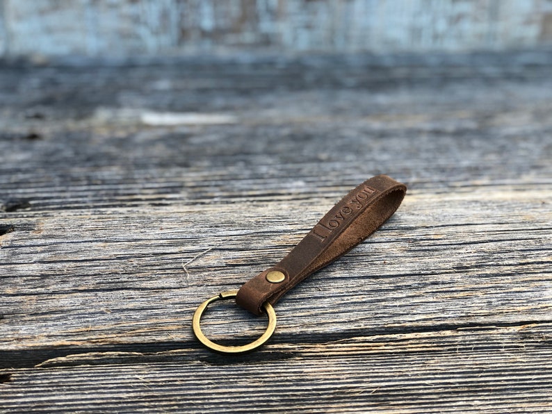 Personalized slim leather keychain, key fob, custom keychain, leather initial keychain, quick shipping anniversary gift Brown