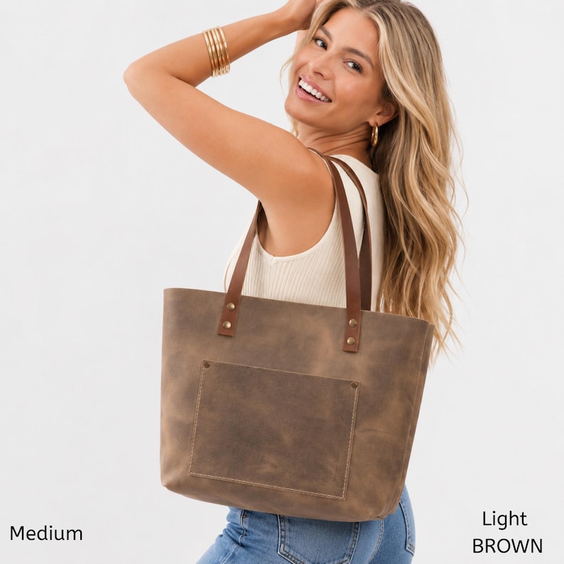 Personalized Distressed Leather Tote Bag – Women’s Leather Shoulder Bag, Laptop Tote with Pockets, Gift for Her image 10