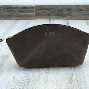 Leather Makeup Bag, Personalized Bridesmaid gift, Gift for Her, Leather Cosmetic Pouch, Cosmetics Bag, monogram toiletry bag Brown