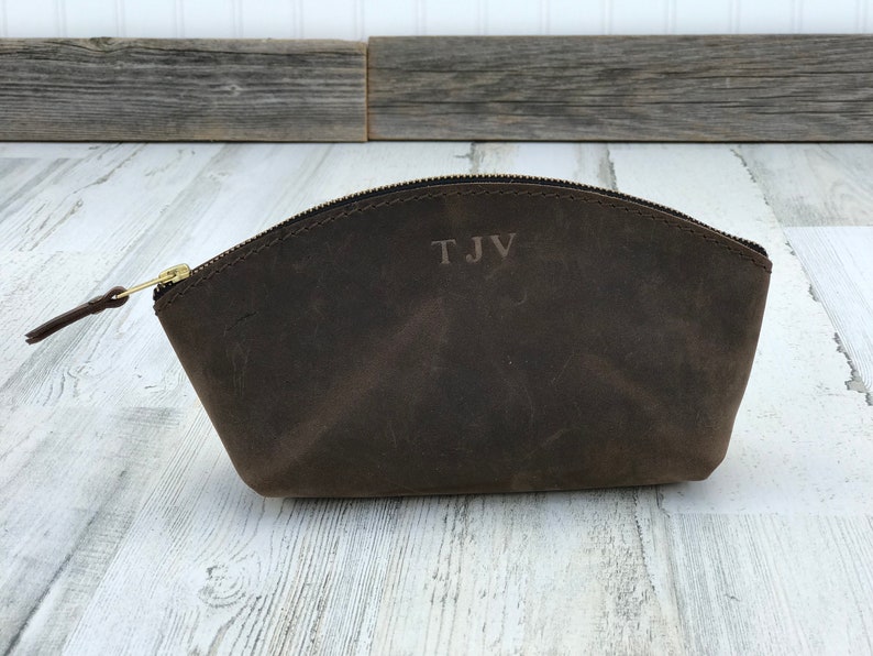 Leather Makeup Bag, Personalized Bridesmaid gift, Gift for Her, Leather Cosmetic Pouch, Cosmetics Bag, monogram toiletry bag Brown