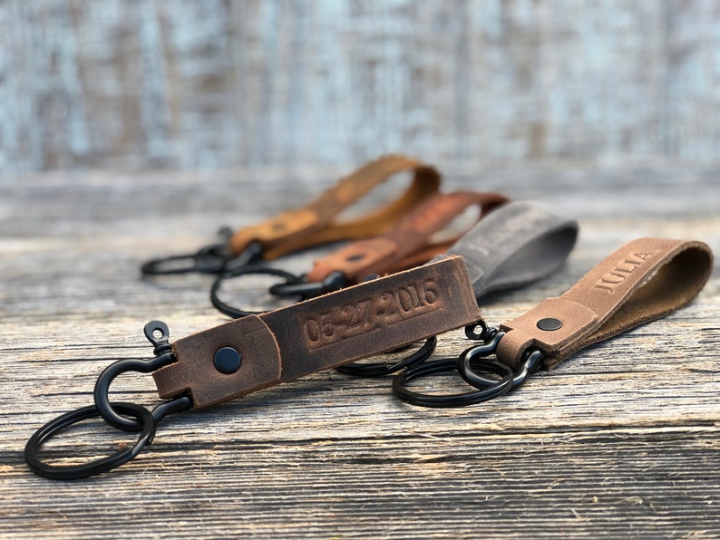 Handmade leather keychain, Black Hardware, personalized key fob, leather initial keychain, Made in USA, quick shipping wedding gift Brown