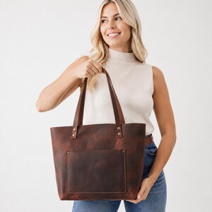 Personalized Distressed Leather Tote Bag – Women’s Leather Shoulder Bag, Laptop Tote with Pockets, Gift for Her image 19
