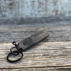 Handmade leather keychain, Black Hardware, personalized key fob, leather initial keychain, Made in USA, quick shipping wedding gift Gray