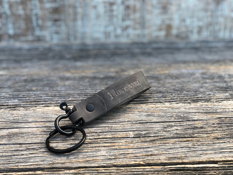 Handmade leather keychain, Black Hardware, personalized key fob, leather initial keychain, Made in USA, quick shipping wedding gift Gray